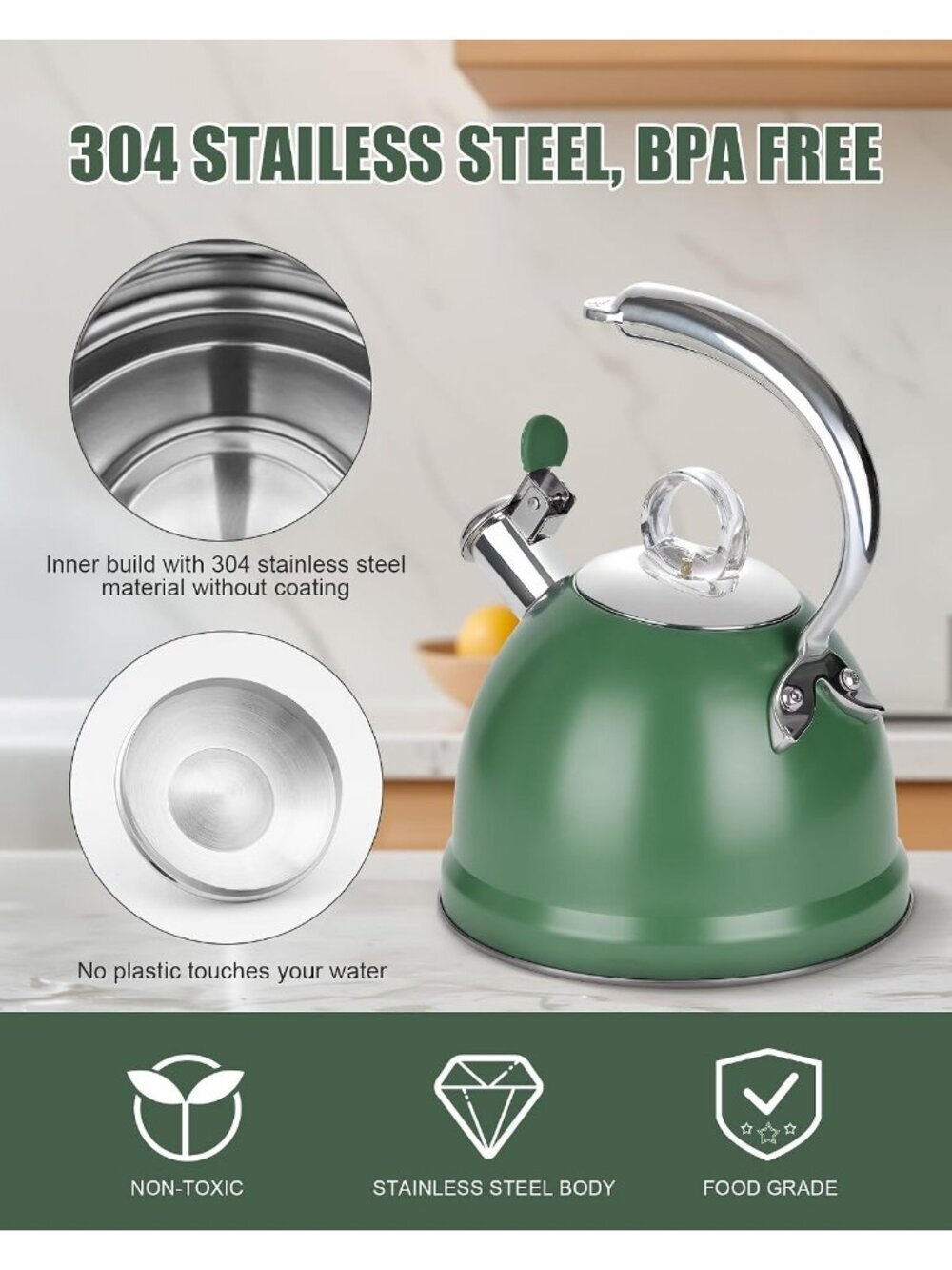 2.5 Qt Stainless Steel Whistling Tea Kettle for Gas, Electric Induction Green - Picture 3 of 7